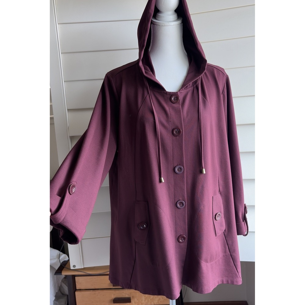 Christian Siriano New York Women 1X Burgundy Hooded Swing Jacket Button Front